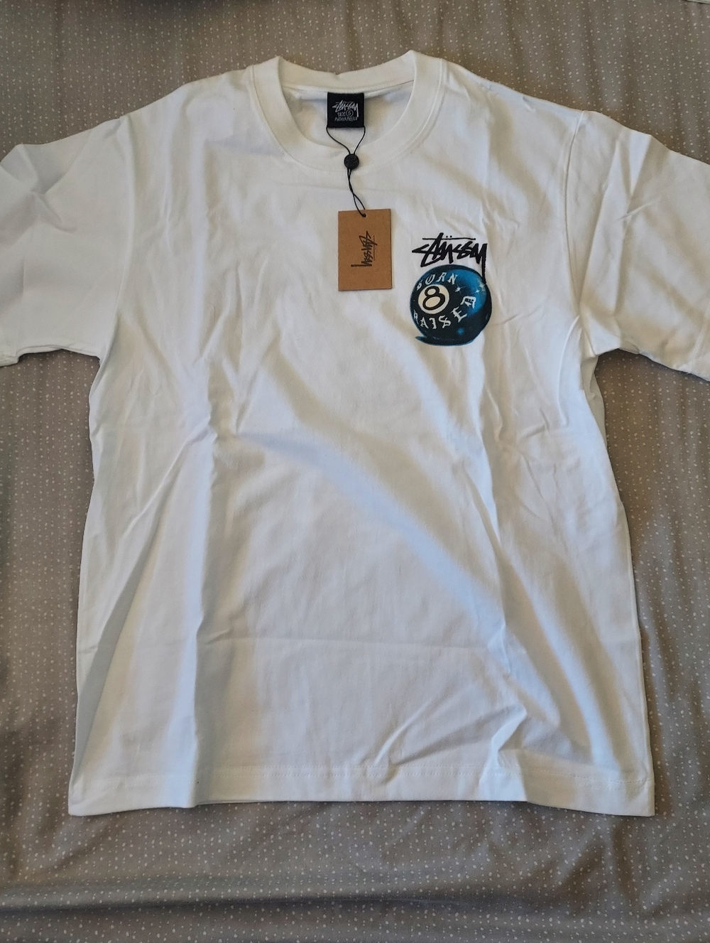 Stussy White T-Shirt with Blue & Black 8-Ball Graphic